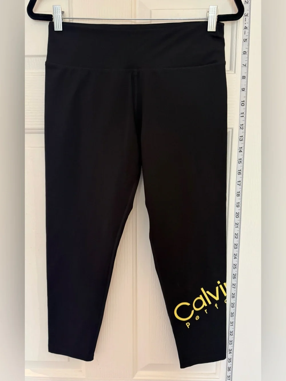 Calvin Klein Performance Capri Yoga Pants Black with Yellow Logo - Picture 1 of 3